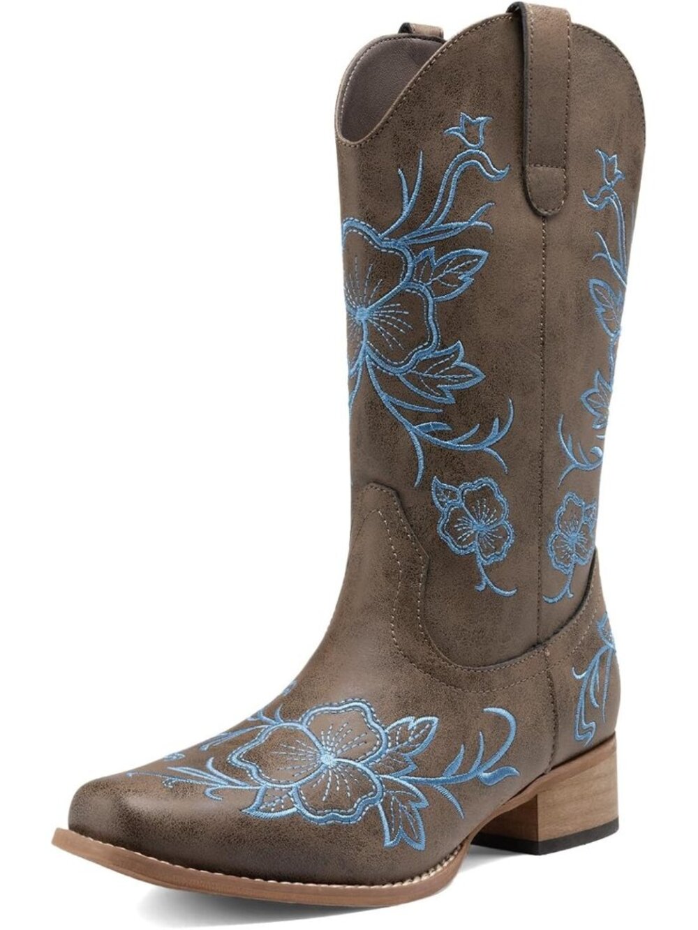 Women's Dark Brown Faux Leather Chunky Low Heel Square Toe Western Cowgirl Boots
